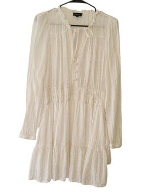 MAAC London White Linen Long Sleeve Pinstripe Flowy Boho Mini Dress Size S